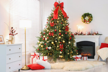 Stylish room with Christmas tree, festive decor and fireplace. Interior design