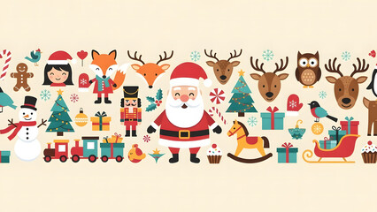 Fototapeta premium A vibrant and festive collection of Christmas holiday icons, featuring Santa Claus, reindeer, a snowman, and a nutcracker in a flat design pattern
