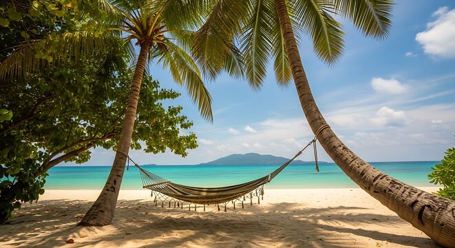Tropical beach hammock strung between palm trees overlooking turquoise ocean