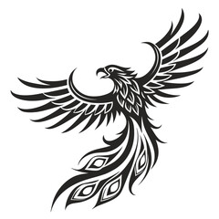 Fototapeta premium Vector illustration stylized black tribal tattoo design of a majestic phoenix bird with spread wings