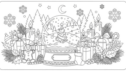 Fototapeta premium Black and white linear illustration of a Christmas scene with a snow globe, gifts, and candles, perfect for a festive holiday coloring page