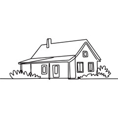 Continuous Line Drawing of Small Country House with Bushes