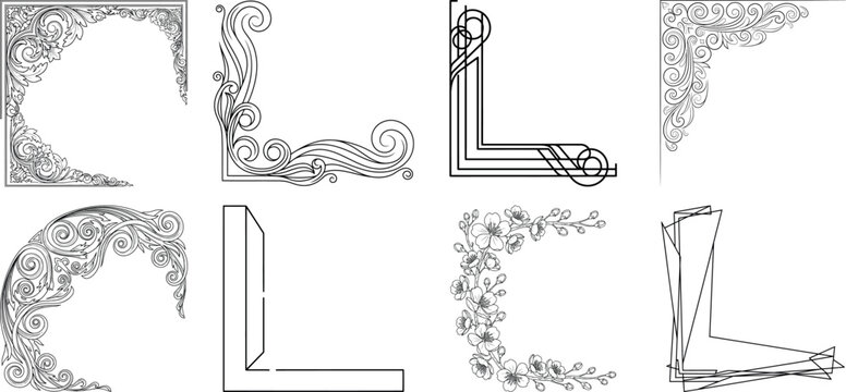 Set of eight decorative corner designs with intricate details isolated on transparent background