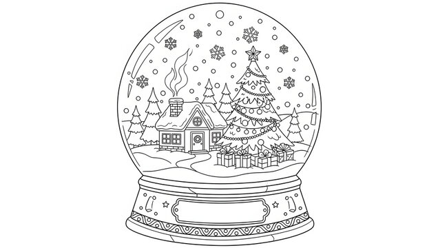 A black and white line art illustration of a Christmas snow globe containing a cozy winter cabin scene, designed as a printable coloring page