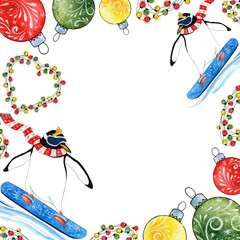 A Christmas frame with Xmas baubles, garland, penguin. Hand-drawn watercolor illustration. Suitable for greeting cards and invitations.