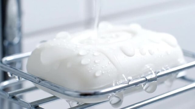 White bar of soap with fresh water running over it, in a metal dish