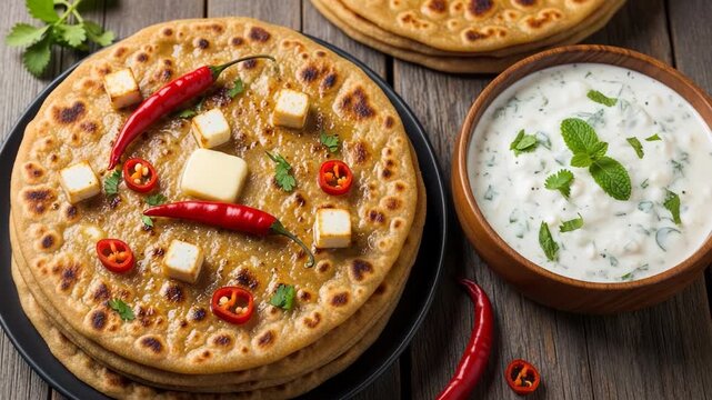 Delicious paneer paratha served with raita, butter and red chili peppers
