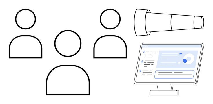 Data research, user insights, business intelligence, online monitoring, analytics, digital strategy. Minimalist design showing profiles, telescope and a screen. User insights and business