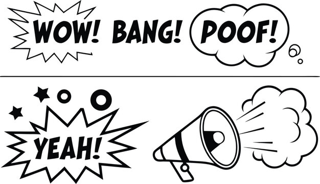 Vector illustration black and white comic book style sound effect words like wow, bang, poof, and yeah with a megaphone