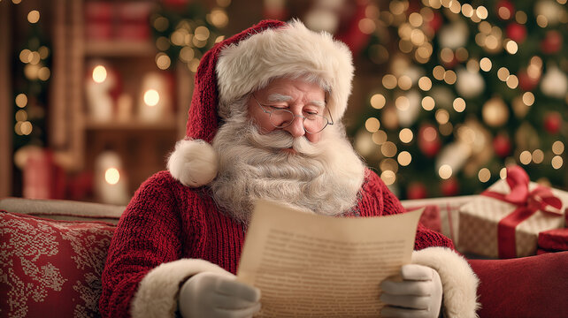 Santa enjoys a heartwarming moment reading letters in a cozy setting filled with festive cheer Generative AI