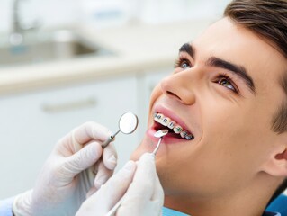 Young man with braces smiling during dental examination
