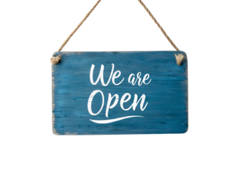 Blue wooden we are open sign hanging with rope isolated on transparent background