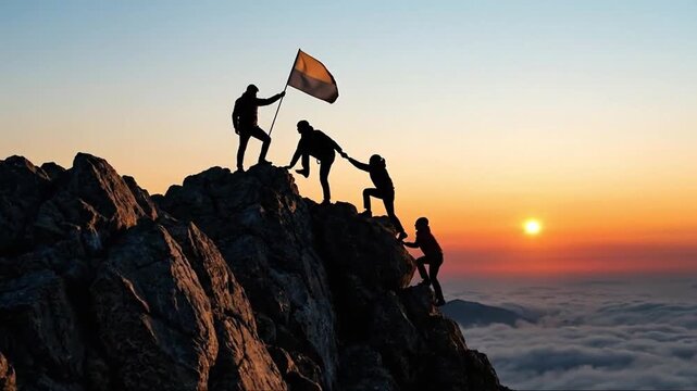 Team of climbers plants flag on mountain summit at sunset, symbolizing collaborative success, leadership, and mutual support during a challenging a...
