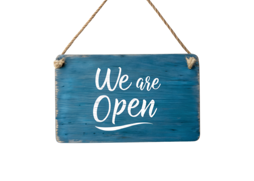 Blue wooden we are open sign hanging with rope isolated on transparent background