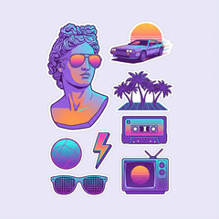 Retro synthwave sticker set in flat vector style in neon purple and pink colors representing 80s nostalgia and vaporwave aesthetics with copy space