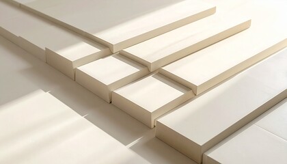 Abstract geometric composition of staggered beige and white blocks with soft shadows and minimalist design.