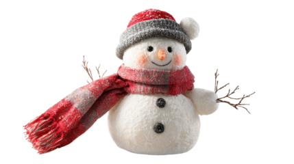 Snowman wearing a red and gray knitted hat and matching scarf, celebrating winter holidays, christmas traditions, and festive season joy, a playful stuffed toy character, png