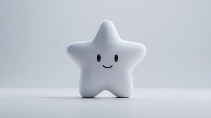 White glossy star character with a smiling face on a bright minimalist background, symbolizing success, achievement, gaming, and positive outcomes for children
