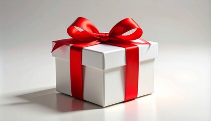 Obraz premium A white gift box wrapped with a shiny red ribbon and bow sits on a clean, softly lit surface.