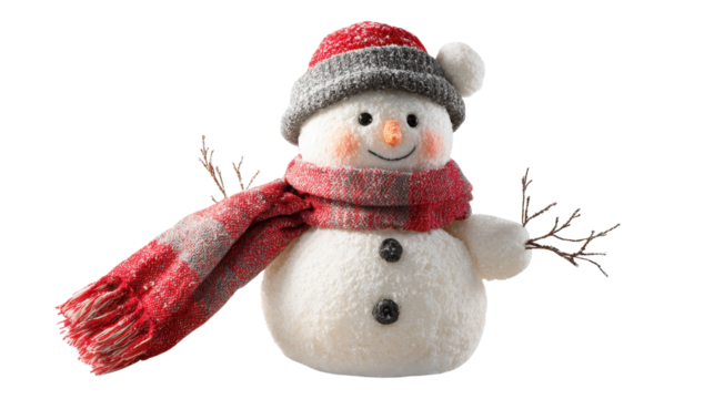 Snowman wearing a red and gray knitted hat and matching scarf, celebrating winter holidays, christmas traditions, and festive season joy, a playful stuffed toy character, png