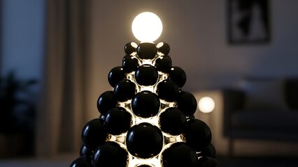 Modern decorative light sculpture with glowing spheres in dark room
