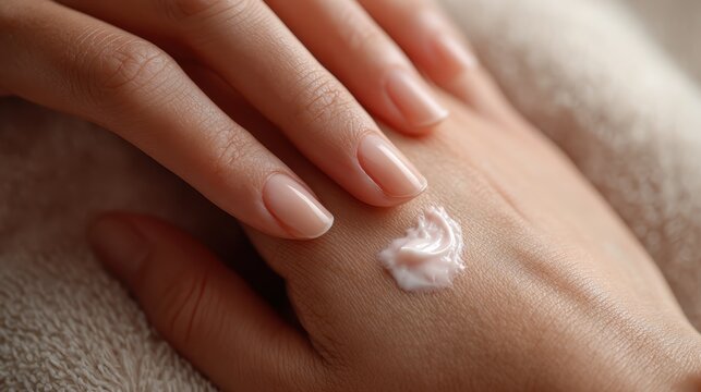 Young woman's delicate hand receiving a dollop of nourishing cream, symbolizing self care, wellness, and a beauty regimen for soft, hydrated skin and healthy hands