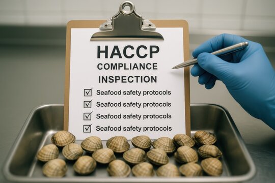 Food safety inspector conducting HACCP compliance check for seafood, emphasizing hygiene and standards in culinary practices. Concept of regulation, health safety, and quality control.