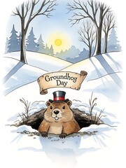 Cute groundhog wearing a top hat emerges from a snowy burrow under a banner reading Groundhog Day, in a winter landscape with trees and a sun for holiday greeting.