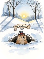 Groundhog in a top hat peeking from a snowy burrow with a Groundhog Day banner during sunrise, forecasting the end of winter.
