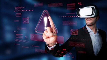 A businessman in a black suit engages with a virtual reality headset, navigating a holographic interface that displays warning symbols in a futuristic environment. Raster - Powered by Adobe