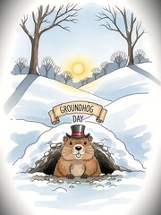 Groundhog wearing a top hat emerges from its burrow in a snowy landscape for Groundhog Day prediction to mark end of winter.