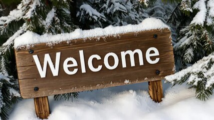 A snowy setting shows wooden welcome signs surrounded by snow and trees while inviting guests to enjoy the winter weather