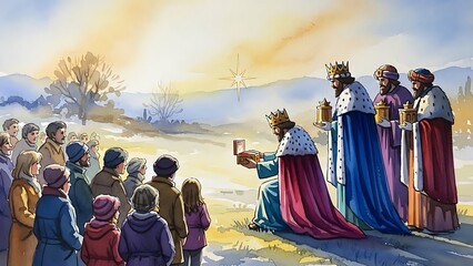Three wise men kneeling with gifts before a star in a spiritual Christmas watercolor painting for religious holiday celebration