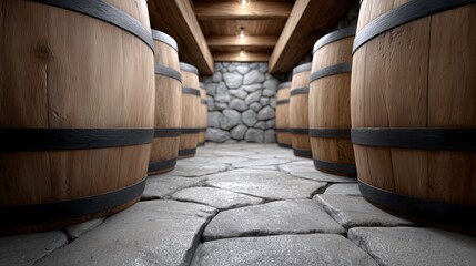 Wooden barrels arranged in a stone cellar with soft lighting
