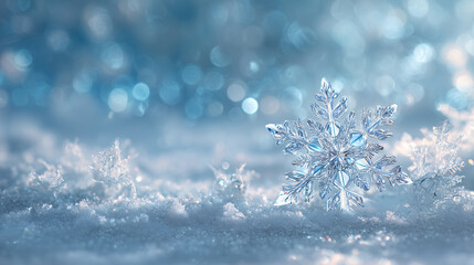 blue background with snowflakes and frost, atmosphere of winter magic, christmas season. the snow-covered ground, delicate ice crystals. shimmering crystal-like star-shaped snowflake. nature's snowy w
