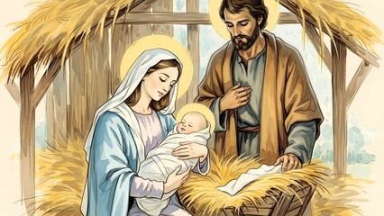 Woman mary holding a baby jesus with man joseph standing nearby in a stable scene. Christian religious nativity for Christmas celebration and holiday season.
