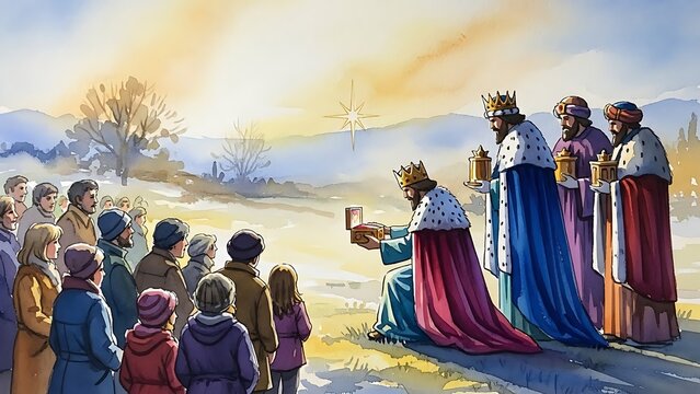 Three wise men kneeling with gifts before a star in a spiritual Christmas watercolor painting for religious holiday celebration