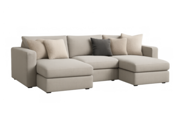 Beige sectional sofa with comfortable cushions, modular furniture design for modern home interiors, transparent background