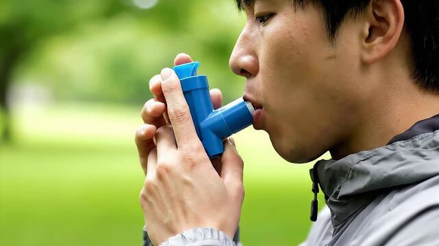 Young Asian man in gray jacket holds blue inhaler device to mouth with green blurred background