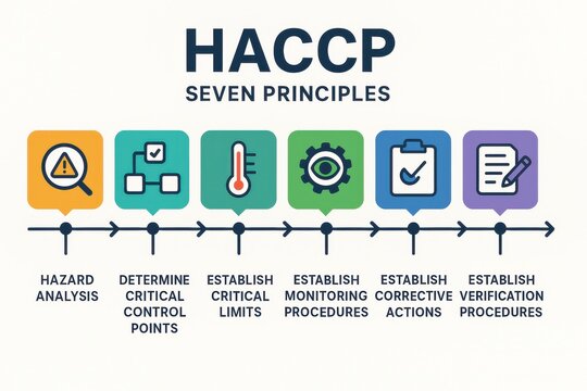 HACCP seven principles pathway illustrated with icons, showcasing food safety management concepts. Focus on quality assurance, hazard control, and compliance procedures.