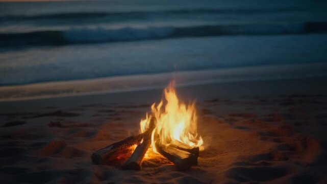 Bonfire on the beach at night, waves are faintly visible, firelight reflects on the sand