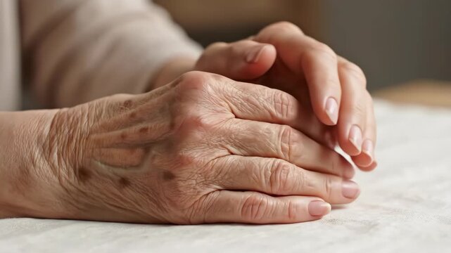 Dramatic hand detail shows knuckles and fingers developing pronounced wrinkles and dark spots, symbolizing passing years, stress and lifestyle impact on skin.