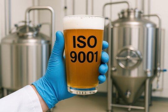 Hand holding a glass of beer labeled 'ISO 9001' in a modern brewery, symbolizing quality management in beverage production. Concept of standards, safety, and industry compliance.