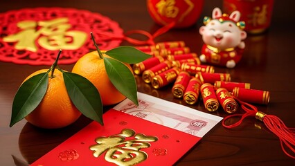 Red envelope with money, oranges, firecrackers, and traditional decorations for Chinese New Year. Festive arrangement for Lunar New Year.