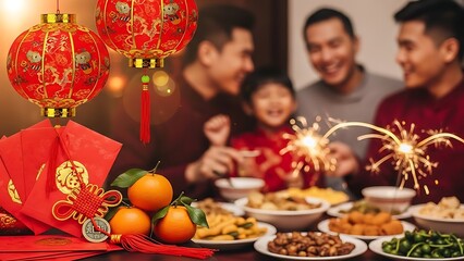 Chinese family celebrating Lunar New Year and holding sparklers while enjoying a festive meal together. Traditional lanterns and envelopes for holiday.