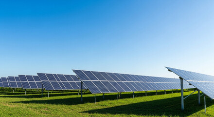 Solar panels installed on grassy field under clear blue sky  