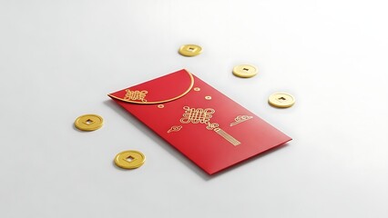 Red envelope with golden symbols and traditional chinese coins. Chinese New Year celebration and cultural background concept. Asian decor.