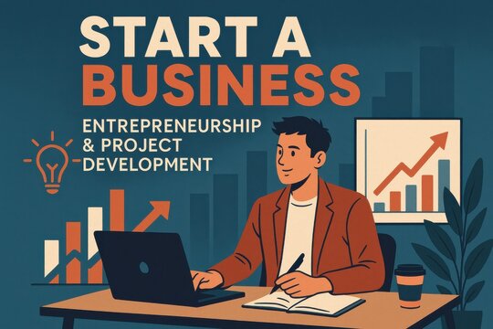 Entrepreneur developing business strategies at desk with graphs and plans, symbolizing innovation, project management, and entrepreneurial spirit.