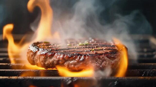 Beef patty sizzling on grill, flames rising, smoke effect, cinematic slow motion