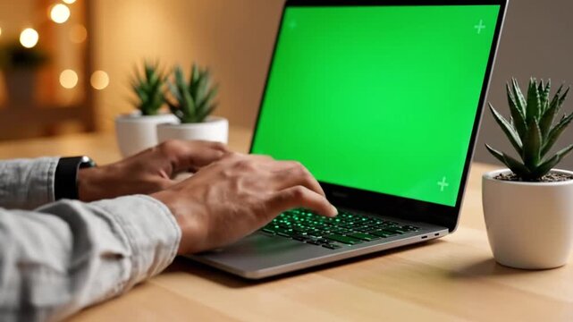 Hands actively typing on a modern laptop computer with a green screen display, perfect for showcasing custom digital content, remote work, online learning, or creative projects